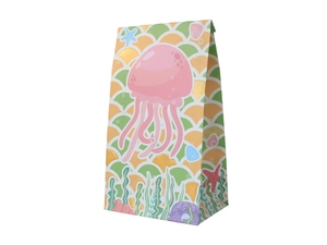 Détail du motif d'écailles de sirène et de méduses colorées sur un sac en papier alimentaire