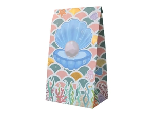 Vue détaillée du sac en papier sirène avec motif de coquillage doré et écailles de poisson