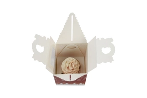 Detail of Christmas cupcake box with PVC window, festive patterns and paper insert