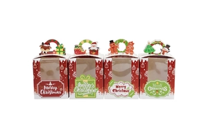 Detail of Christmas cardboard muffin boxes with PVC window and festive character handles