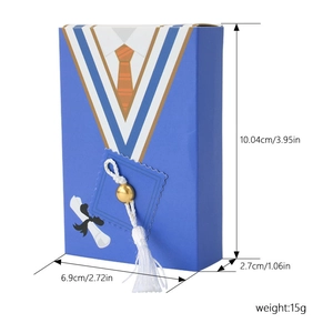 Blue graduation cap gift box with white tassel and printed suit design shown at 45-degree angle