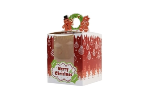 Detail of Christmas gift box with clear window and gingerbread man handle design