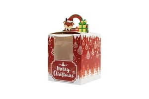 Close-up of a red Christmas gift box with handle and clear window for cupcake packaging