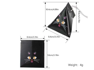 Tabla de tallas detallada para caja de dulces Halloween de gato negro con medidas