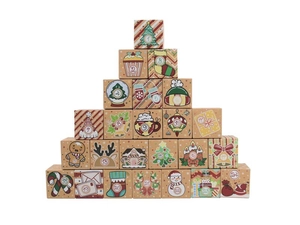 Pile pyramidale de 24 boîtes cadeau calendrier de l'Avent en papier kraft avec motifs