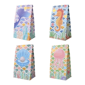 Sacs Cadeaux Thème Sirène Papier Kraft Fond Carré Sous La Mer Motifs Dessins Animés Bronzage Sacs Pour Anniversaire