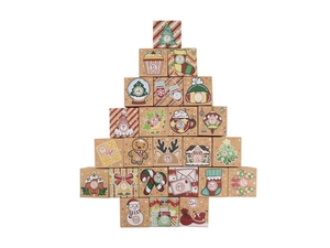 Calendrier de l'Avent en kraft avec motifs festifs colorés numérotés de 1 à 24