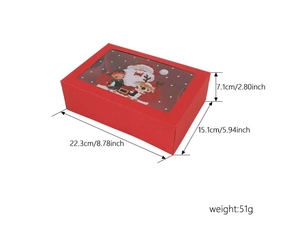 Macro view of Christmas gift box with transparent window and festive cartoon patterns