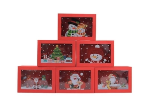 Set of 6 red Christmas gift boxes with transparent windows and festive illustrations