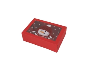 Close-up of red Christmas gift box with transparent window and cute snowman pattern