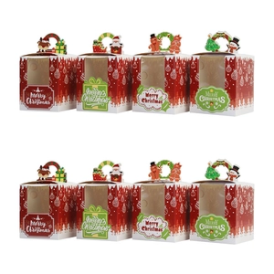 Christmas Muffin Gift Boxes With Clear Window And Handle Cardboard Holiday Cookie Cupcake Packaging Case Santa Reindeer Snowman