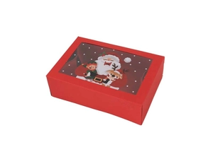 Close-up of red Christmas gift box with clear window and festive Santa illustrations