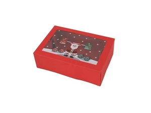 Macro view of red Christmas paper gift box with transparent window and Santa illustration