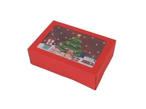 Detail of red Christmas gift box with transparent window and festive holiday patterns