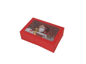 Macro shot of red Christmas gift box with transparent window and Santa Claus illustration