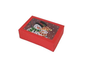 Detail view of red Christmas gift box featuring transparent window and snowman illustration