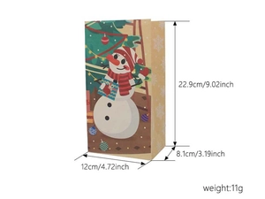 Christmas kraft paper bag with snowman print and detailed size dimensions 22.9x12x8.1cm
