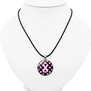 Collar con colgante de vidrio lazo rosa para concienciación sobre cáncer de mama