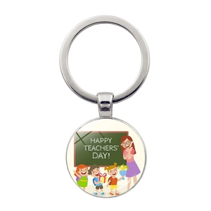 Silver metal keychain with 'Happy Teachers' Day' glass gem pendant and cute illustration
