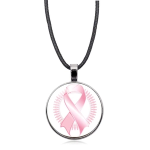 Collar contra el cáncer de mama con colgante de cristal de lazo rosa en cordón negro