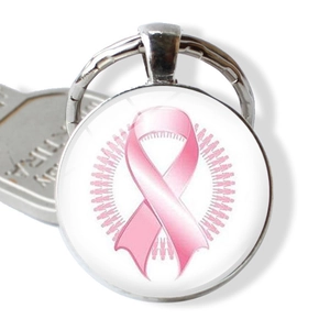 Breast Cancer Awareness Pink Ribbon Metal Keychain Round Glass Cabochon Hope Fighter Pendant Key Ring Charity Gift For Women