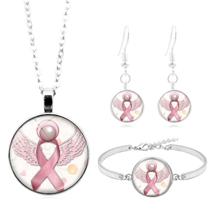 Bijoux Sensibilisation Cancer Du Sein Ruban Rose Alliage Verre Cabochon Collier Bracelet Boucles Oreilles Ton Argent Soutien Caritatif