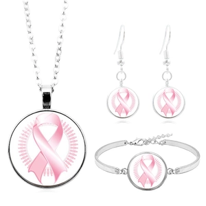 Parure de bijoux caritatifs ruban rose en métal argenté avec collier, bracelet et boucles
