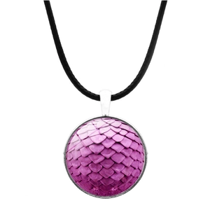 Colorful dragon egg pendant necklace with purple scale pattern and black leather cord
