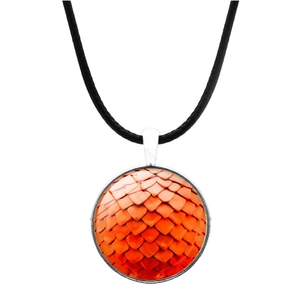 Orange dragon egg glass pendant necklace with a black braided leather rope chain