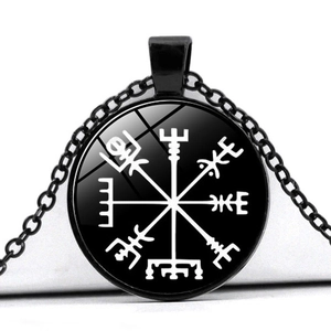 Viking Vegvisir compass necklace with black metal chain and glass dome pendant charm