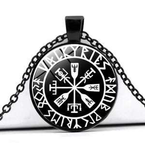 Viking Valkyries compass pendant necklace with glass cabochon and black alloy chain