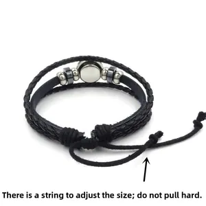 Verstelbare gelaagde zwart gevlochten leren armband met vintage magische zeshoekige steen