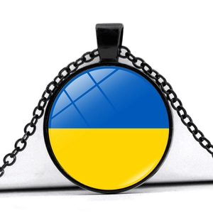 Ukraine Flag Pendant Necklace Zinc Alloy Glass National Emblem Pattern Black Chain Vintage Jewelry Accessory For Men Women