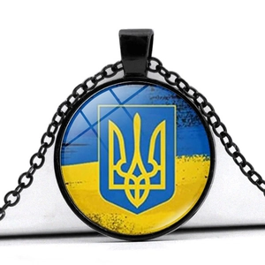 Ukraine flag necklace with glass gem pendant and trident coat of arms on black chain
