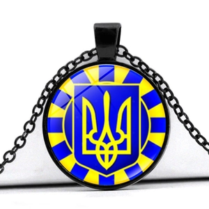 Detail of Ukraine coat of arms pendant necklace with blue and yellow flag colors