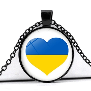 Ukraine flag heart glass dome pendant necklace with black alloy chain for women and men