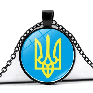 Ukraine flag trident glass pendant necklace with black alloy chain for men and women