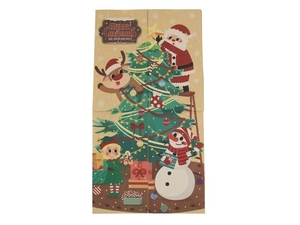 Detail of Christmas kraft paper bag with festive puzzle tree and Santa Claus illustration