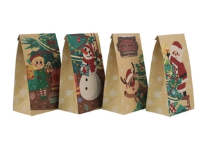 Flat lay detail of four Kraft paper gift bags with colorful Christmas illustrations