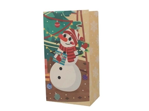 Detail of Christmas kraft paper bag with festive snowman and tree illustration