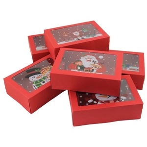 Red Christmas window gift boxes with Santa and Snowman illustrations for candy and cookies