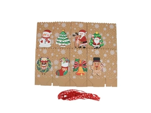 Set of 8 Christmas kraft paper candy bags with holiday patterns and red snowflake ribbon
