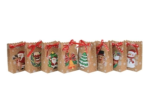 Detailed set of 8 Christmas kraft paper gift bags with colorful festive decals and red bows