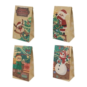 Christmas Kraft Paper Gift Bags With Stickers Cartoon Santa Snowman Reindeer Pattern Holiday Party Candy Cookie Packing