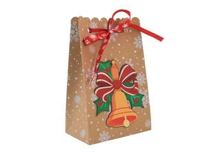 Bolsa de regalo de Navidad en papel Kraft con campana dorada y lazo rojo satinado