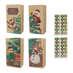 Christmas kraft paper gift bags with reindeer, Santa, elf, and snowman designs and stickers