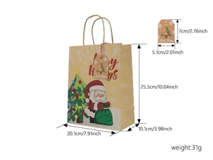 Detailed dimensions of Christmas kraft paper gift bag with Santa Claus and festive tag