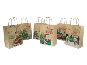 Detailed set of six kraft paper Christmas gift bags with festive holiday patterns