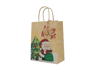 Detail of Christmas kraft paper bag with Happy Holidays text and Santa Claus graphics
