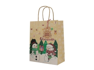 Detail of Christmas kraft paper gift bag featuring snowman illustrations and paper handles